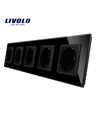 Priză cvintuplă Schuko cu Ramă din sticlă Livolo, negru