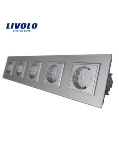 Priză cvintuplă Schuko cu Ramă din sticlă Livolo, gri