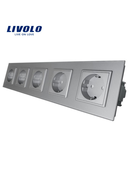 Priză cvintuplă Schuko cu Ramă din sticlă Livolo, gri