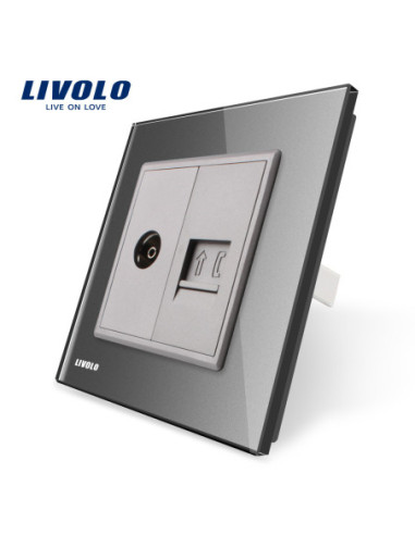 Priză dublă TV + Telefon RJ11 cu ramă din sticlă Livolo, auriu