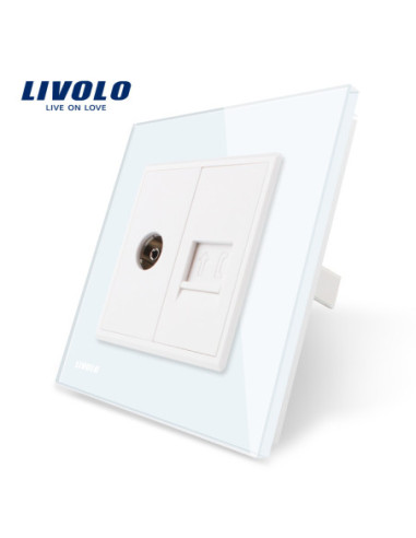 Priză dublă TV + Telefon RJ11 cu ramă din sticlă Livolo, auriu