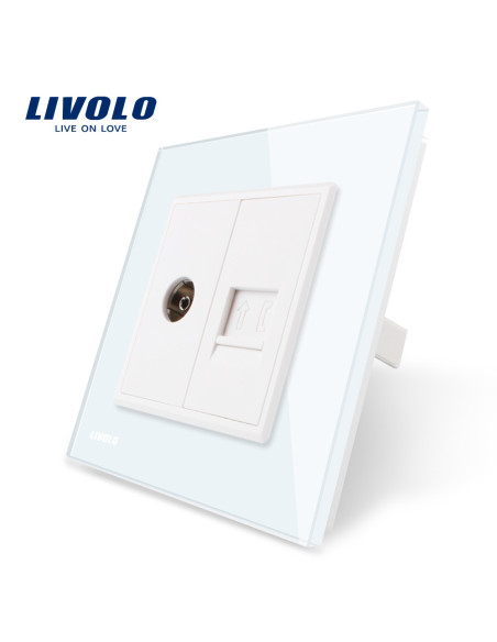 Priză dublă TV + Telefon RJ11 cu ramă din sticlă Livolo, auriu