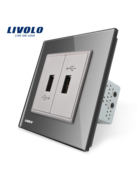Priză dublă USB Tip A cu ramă din sticlă Livolo, gri