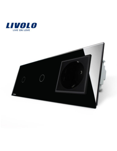 Întrerupător touch 2 x simplu + Priză Schuko cu ramă din sticlă Livolo, negru