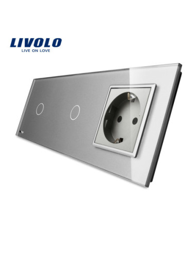 Întrerupător touch 2 x simplu + Priză Schuko cu ramă din sticlă Livolo, gri