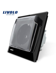 Priză simplă Schuko cu capac protecție și ramă din sticlă Livolo, negru