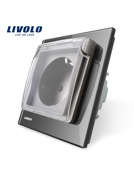 Priză simplă Schuko cu capac protecție și ramă din sticlă Livolo, gri