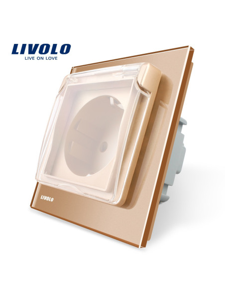 Priză simplă Schuko cu capac protecție și ramă din sticlă Livolo, auriu