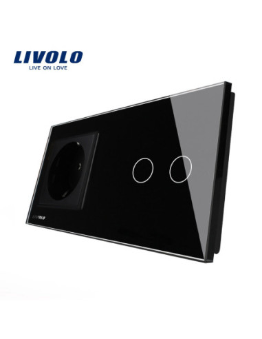 Priză simplă Schuko  + Întrerupător touch dublu cu ramă din sticlă Livolo, negru