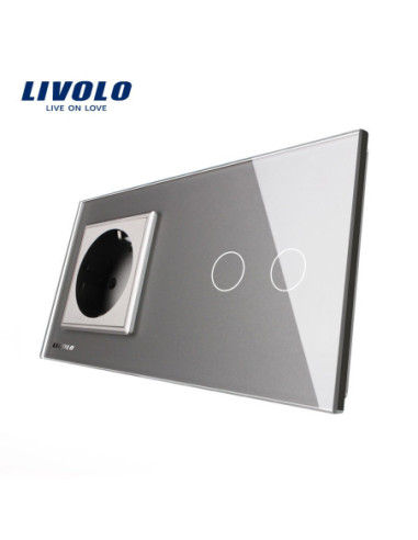 Priză simplă Schuko  + Întrerupător touch dublu cu ramă din sticlă Livolo, gri