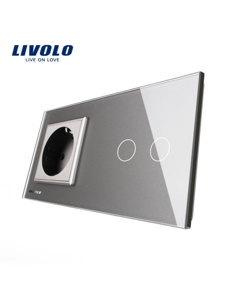 Priză simplă Schuko  + Întrerupător touch dublu cu ramă din sticlă Livolo, gri