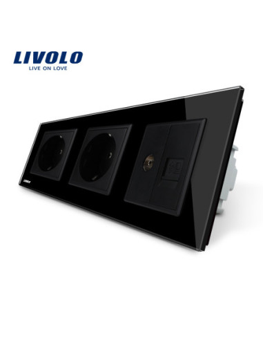 Priză triplă 2x Schuko + TV + Date RJ45 CAT6 cu ramă din sticlă Livolo, negru