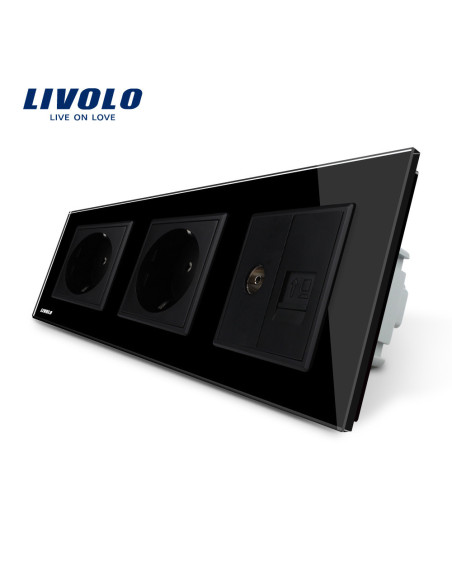 Priză triplă 2x Schuko + TV + Date RJ45 CAT6 cu ramă din sticlă Livolo, negru