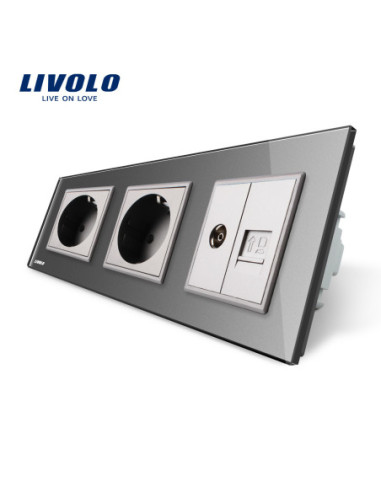 Priză triplă 2x Schuko + TV + Date RJ45 CAT6 cu ramă din sticlă Livolo, gri