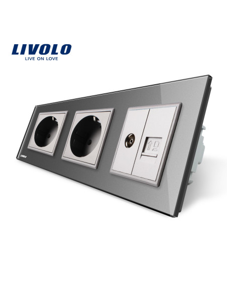 Priză triplă 2x Schuko + TV + Date RJ45 CAT6 cu ramă din sticlă Livolo, gri