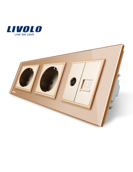 Priză triplă 2x Schuko + TV + Date RJ45 CAT6 cu ramă din sticlă Livolo, auriu