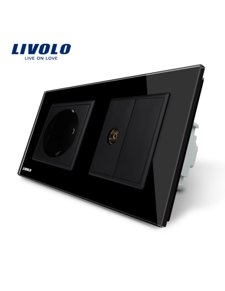 Priză dublă Schuko + TV cu ramă din sticlă Livolo, negru