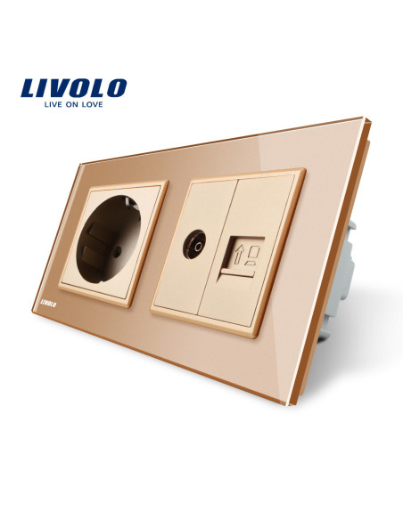 Priză dublă Schuko + TV + Date RJ45 CAT6 cu ramă din sticlă Livolo, auriu