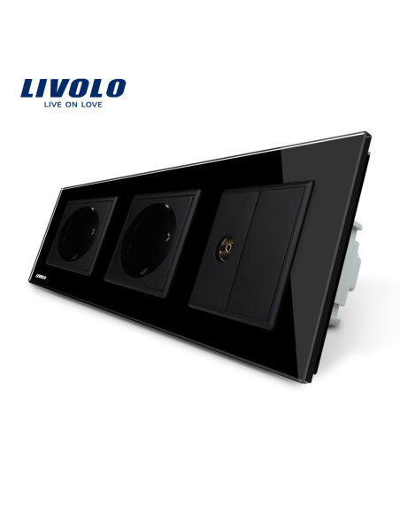 Priză triplă 2x Schuko + TV cu ramă din sticlă Livolo, negru