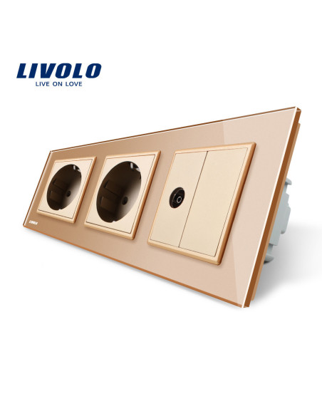 Priză triplă 2x Schuko + TV cu ramă din sticlă Livolo, auriu