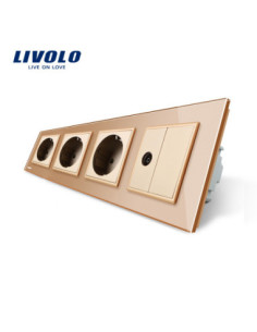 Priză cvadruplă 3x Schuko + TV cu ramă din sticlă Livolo, auriu