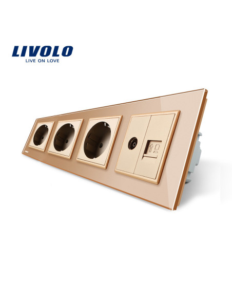 Priză cvadruplă 3x Schuko + TV + Date RJ45 CAT6 cu ramă din sticlă Livolo, auriu