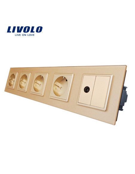 Priză cvintuplă 4x Schuko + TV cu ramă din sticlă Livolo, auriu