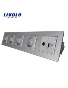 Priză cvintuplă 4x Schuko + TV + Date RJ45 CAT6 cu ramă din sticlă Livolo, gri