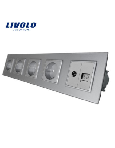 Priză cvintuplă 4x Schuko + TV + Date RJ45 CAT6 cu ramă din sticlă Livolo, gri