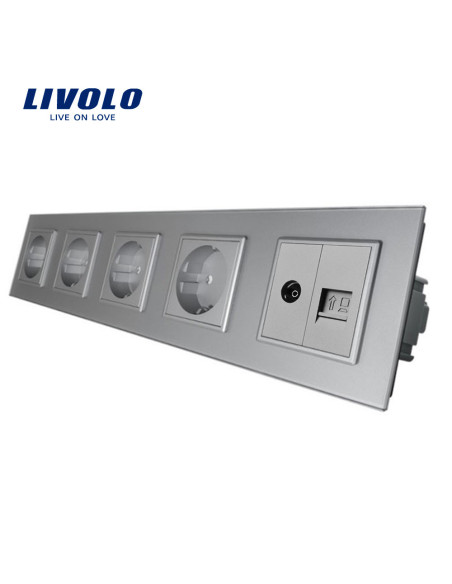 Priză cvintuplă 4x Schuko + TV + Date RJ45 CAT6 cu ramă din sticlă Livolo, gri