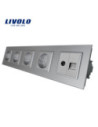Priză cvintuplă 4x Schuko + TV + Date RJ45 CAT6 cu ramă din sticlă Livolo, gri