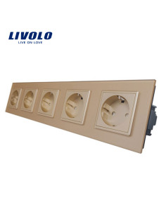 Priză cvintuplă Schuko cu Ramă din sticlă Livolo, auriu