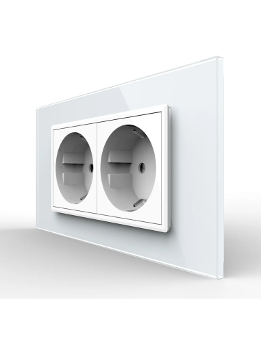 Priza dubla Schuko cu ramă din sticlă 4 Module Standard italian Livolo, alb