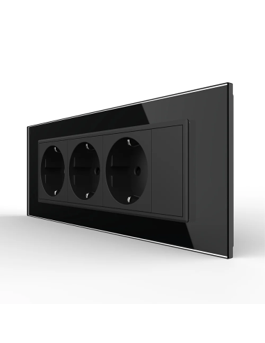 Priza triplă Schuko cu ramă din sticlă 7 Module Standard italian Livolo, negru