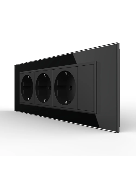 Priza triplă Schuko cu ramă din sticlă 7 Module Standard italian Livolo, negru