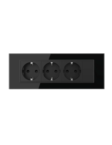 Priza triplă Schuko cu ramă din sticlă 7 Module Standard italian Livolo, negru