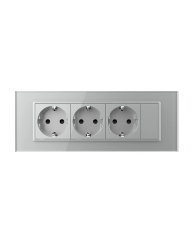 Priza triplă Schuko cu ramă din sticlă 7 Module Standard italian Livolo, gri