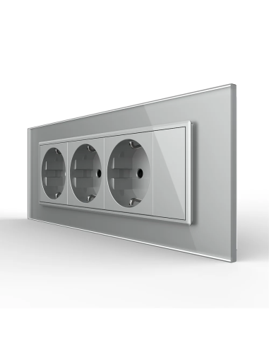 Priza triplă Schuko cu ramă din sticlă 7 Module Standard italian Livolo, gri