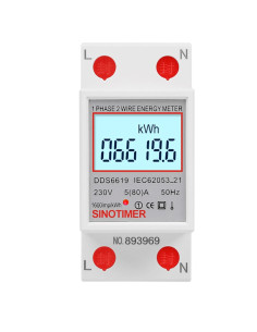Contor monofazat de energie electrica, Sinotimer, 230V AC 50Hz, 5(80)A, ecran digital LED iluminat, DDS6619-006