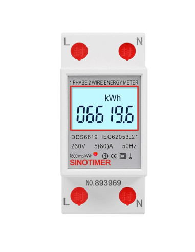 Contor monofazat de energie electrica, Sinotimer, 230V AC 50Hz, 5(80)A, ecran digital LED iluminat, DDS6619-006