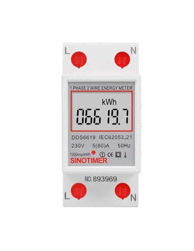 Contor monofazat de energie electrica, Sinotimer, 230V AC 50Hz, 5(80)A, ecran digital LED, DDS6619-007