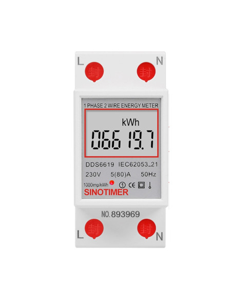 Contor monofazat de energie electrica, Sinotimer, 230V AC 50Hz, 5(80)A, ecran digital LED, DDS6619-007