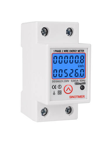 Contor monofazat de energie electrica, Sinotimer, 230V AC 50Hz, 5(80)A, ecran digital LED iluminat, DDS6619-526L-2