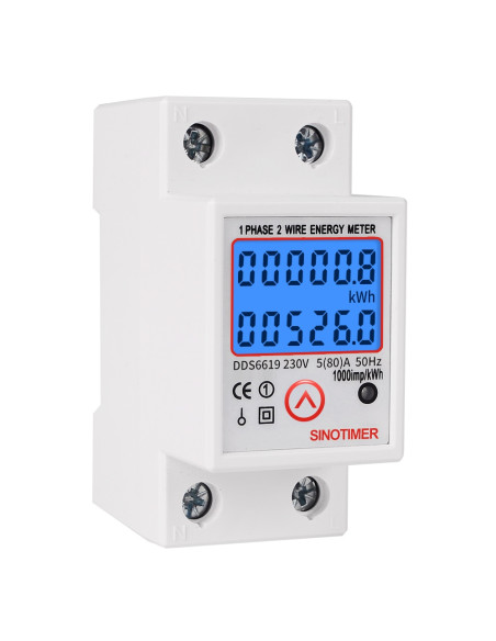 Contor monofazat de energie electrica, Sinotimer, 230V AC 50Hz, 5(80)A, ecran digital LED iluminat, DDS6619-526L-2