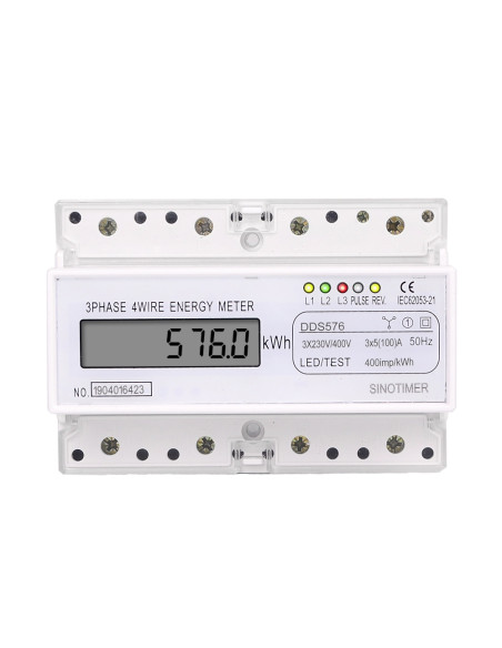Contor trifazic de energie electrica, Sinotimer, 230/400V AC 50Hz, 3x5(100)A, ecran digital LED, DDS576