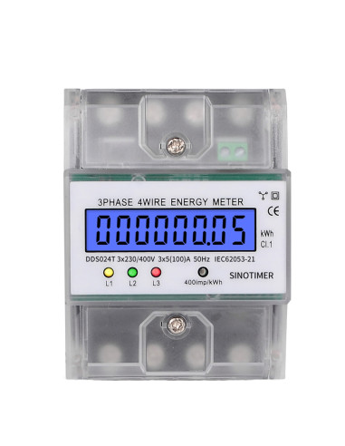 Contor trifazic de energie electrica, Sinotimer, 3x230/400V AC 50Hz, 3x5(80)A, ecran digital LED iluminat, DDS024T