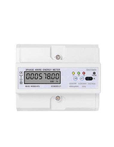 Contor trifazic de energie electrica, Sinotimer, 3x230/400V AC 50Hz, 3x5(100)A, ecran digital LED, DDS578R
