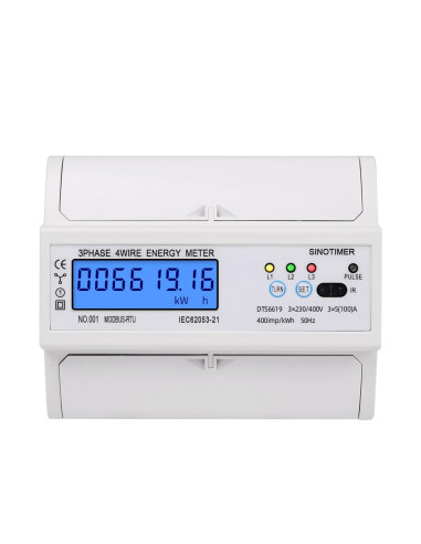 Contor trifazic de energie electrica, Sinotimer, 3x230/400V AC 50Hz, 3x5(100)A, ecran digital LED iluminat, DTS6619-016