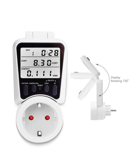 Priza inteligenta cu contor energie LCD reglabil 135°, 230V, 16A, 3680W, monitorizare consum si cost in timp real, memorie