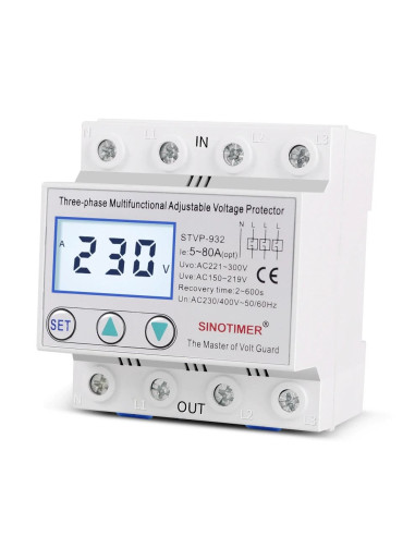 Releu trifazic, siguranta digitala  de protectie tensiune, Sinotimer, 380V, 50A, recuperare automata, STVP-932-50A